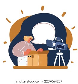 Cartoon vector illustration of Happy young woman unpack cardboard box buying goods on Internet, smiling excited millennial girl open carton parcel order, shopping online