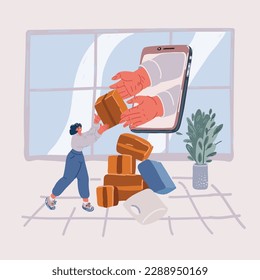 Dibujo vectorial de una joven feliz que recibió un pedido de paquete, compras en línea, buen concepto de entrega