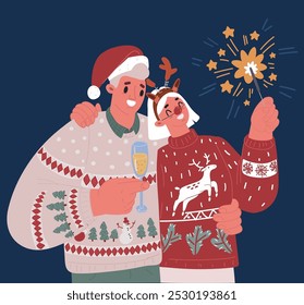 Cartoon vector illustration of Happy young man wears santa hat drinking champagnecelebrate New Year party together with her special lady. Deer costume and sparkler in her hands over dark background