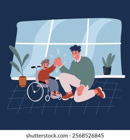 Cartoon vector illustration of Happy young daddy giving Little boy in wheel chair and his father giving each other high-five over dark backround