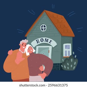 Cartoon vector illustration of Happy young family homeowners bought new house. together near new home after moving in relocation over dark backround