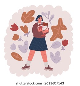 Cartoon vector illustration of Happy young girl holding books in her hand