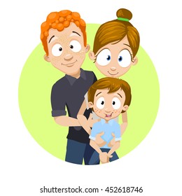 Cartoon vector illustration of happy young family with pretty child