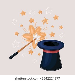 Cartoon vector illustration of hat and magic wand with sparkles. Circus show, magician illusionist or wizard cylinder cap with stick, trick illusion