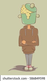 cartoon vector illustration, head bowler, brain boil, porridge in a head