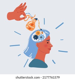 Ilustración vectorial de caricatura de los engranajes de cabeza y de cerebro necesita corregir o necesita aceleración