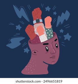 Cartoon vector illustration of head with clenched fist over dark background