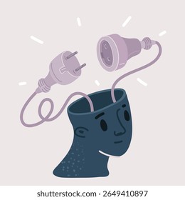 Cartoon vector illustration of head with electric power plugs inside stands in front of the power supply