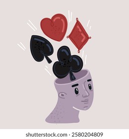 Cartoon vector illustration of head with four aces inside. Club, diamond, heart, spade.