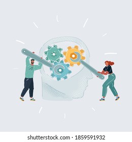 Cartoon vector illustration of Head with gear and wrench, artificial intelligence, support service icon. People: man and woman make mechanism settings on white background.
