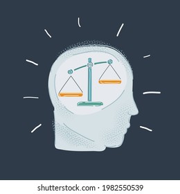 Cartoon vector illustration of head of person who make decision with scale on dark background.