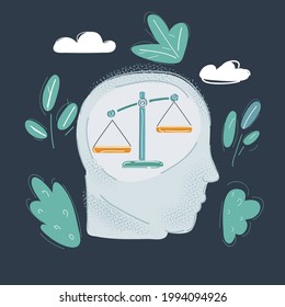 Ilustración vectorial de dibujos animados de la cabeza con la tira en ella. Concepto de elección ética sobre fondo oscuro.