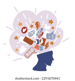 Dibujo vectorial de la cabeza y medios sociales dentro. Mensajes y correspondencia en línea