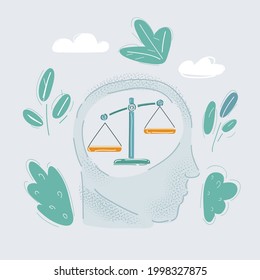 Dibujo vectorial de dibujos animados de la cabeza tomando una decisión con escala dentro.