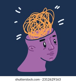 Cartoon vector illustration of head with tangled line inside, like brain. Concept of chaotic thought process, confusion, personality disorder and depression over dark background
