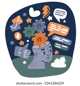 Ilustración vectorial de dibujos animados de la cabeza con engranajes dentro del pensamiento sobre el fondo oscuro