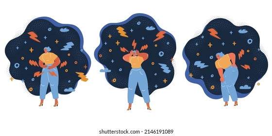 Cartoon vector illustration of Headache and backpain and stomachache over dark backround.