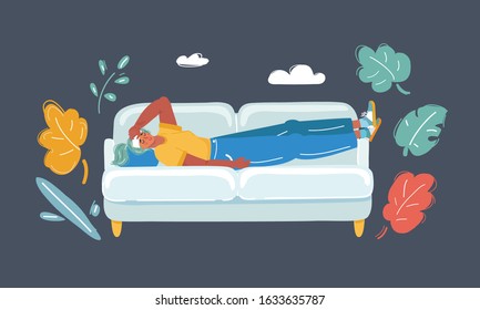 Cartoon vector illustration of headache Sick young woman on sofa. Human character on dark bacgkround.