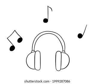 Cartoon vector illustration of headphones and musical notes. Black outlined and white colored.