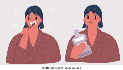 Cartoon vector illustration of Healthy happy woman using mouthwash. During daily oral hygiene routine. Dental Health Concept