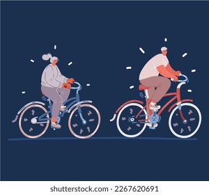 Cartoon vector illustration of Healthy lifestyle - teenage girl and boy riding bicycles over dark backround