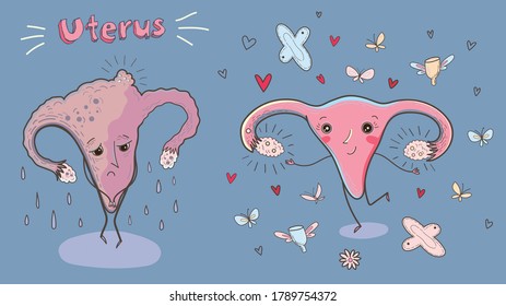 Cartoon vector illustration of healthy and sick uterus. Funny educational illustration.