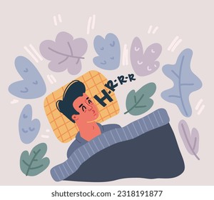 Cartoon vector illustration of Healthy sleep. Causes of insomnia, good sleep rules and man sleeps on pillow. Healthy care recommendation for good sleep