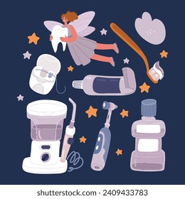 Cartoon, Vektorgrafik gesunder Zähne. Mundhygiene. Gesundheitssymbol. Zahnschmerzen. Teethcare. Bewässerungsmaschine, elektrische Teethbürste, Flasche mit TeethWaschflüssigkeit, Fee mit Zahn, Paste 