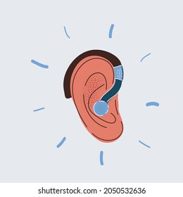 Cartoon vector illustration of hearing aid in human ear on white backround