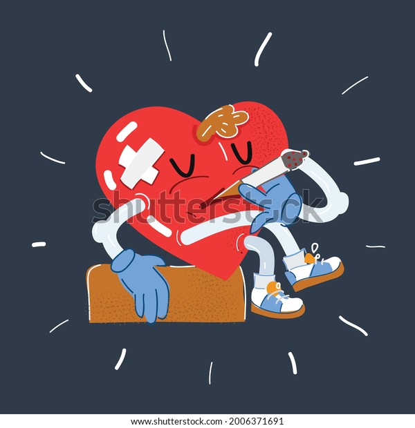 Cartoon vector\
illustration of heart character smoking tobacco on dark background.\
Stop smoking concept.