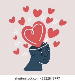 Dibujo vectorial del corazón en la cabeza. Concepto de psicología. Emoción y amor. Amor llenando.