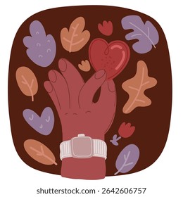 Cartoon vector illustration of Heart icon holding by hand. Heart icon holding by hand. Healthcare hands holding heart, suit and likes concept over dark backround