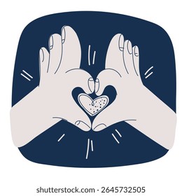Ilustración vectorial de dibujos animados del corazón dentro como símbolo. Las manos están mostrando el símbolo sobre fondo oscuro