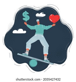 Cartoon vector illustration of heart and money Heart and dollar sign man on dark backround.