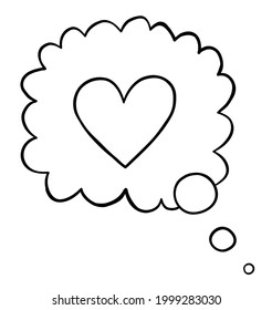 Cartoon vector illustration of heart in thought bubble. Black outlined and white colored.