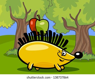 Cartoon Vector illustration of hedgehog with apple in the forest