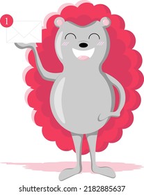 Cartoon vector illustration of hedgehog isolated on white background. A red hedgehog shows the message of a new notification.