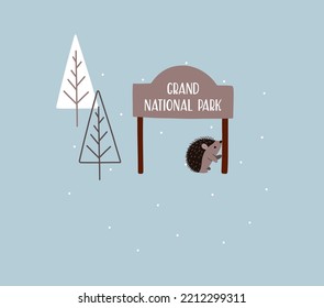 Cartoon vector illustration of a hedgehog in the winter forest