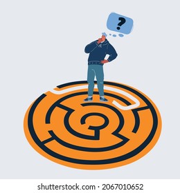 Cartoon vector illustration of Help person find a way. Man think how to pass the maze. Question in his head on white backround.