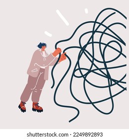 Cartoon vector illustration of Help tangled minds. Hand unravel disorder mental threads of teenager woman, treatment anxiety mind obsessive brain psychology counseling, mental psychotherapy