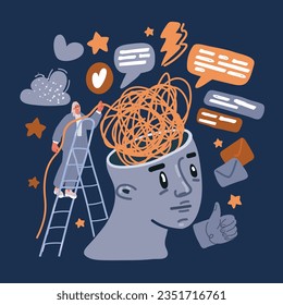 Cartoon vector illustration of Help tangled minds. Woman unravel disorder mental threads of teenager woman, treatment anxiety mind obsessive brain psychology counseling