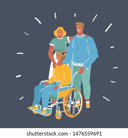 Cartoon vector illustration of Helping disabled girl. Woman, assisting man in wheelchair. volunteer helping handicapped person with paralyzed legs.