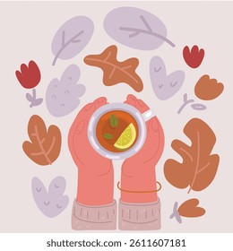 Cartoon vector illustration of High angle close up view of hand holding cup of tea