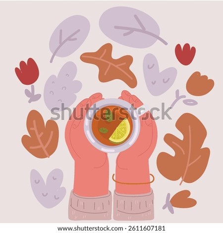 Cartoon vector illustration of High angle close up view of hand holding cup of tea