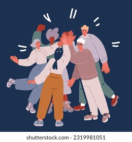 Dibujo vectorial de dibujos animados de High-Five. Hombre y mujer joven dando altos cinco y sonriendo. Ilustración conceptual vectorial de dos amigos dando un alto cinco en smartphones en el mensajero de chat