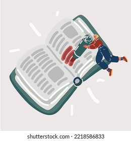 Cartoon vector illustration of Highlight in book. Woman flying and holding Highlighter and making marks in School Study Book