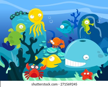 A cartoon vector illustration of highly detailed underwater scene with a bunch of happy silly cute sea animals like whale, fishes, octopus, turtle and crabs.