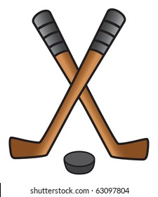 cartoon vector illustration of hockey sticks and puck