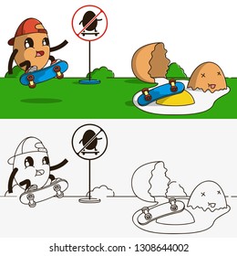 Cartoon Vector Illustration for the holiday of Easter. Egg skateboarder skateboarding on a skateboard in the park against a prohibiting sign. Broken egg. Coloring Book Page.