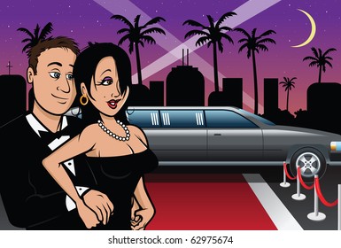 Cartoon Vector Illustration Of A Hollywood Red Carpet Couple